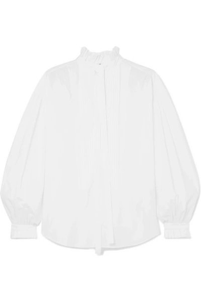 Shop Burberry Pussy-bow Pintucked Cotton-poplin Blouse In White