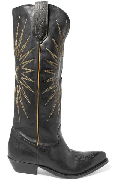 Shop Golden Goose Wish Star Embroidered Textured-leather Knee Boots In Black