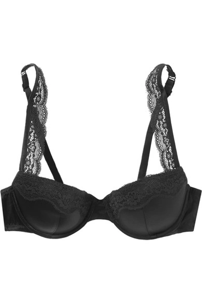 Shop Stella Mccartney Clara Whispering Lace-trimmed Stretch-silk Satin Underwired Balconette Bra In Black