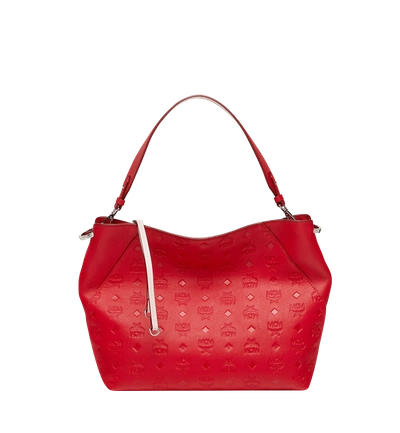 Shop Mcm Klara Hobo In Monogram Leather In Viva Red
