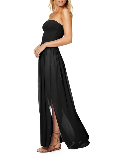 Shop Ramy Brook Calista Smocked Strapless Side-split Coverup Dress In Black