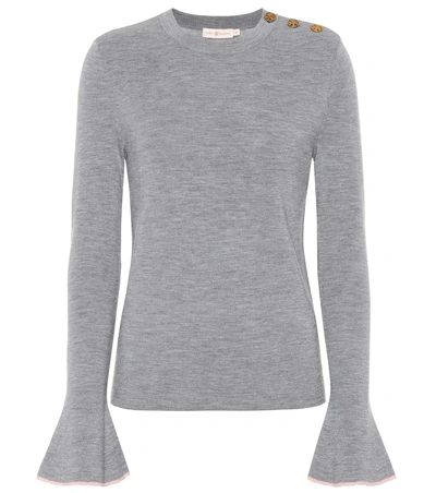 Shop Tory Burch Kimberly Embellished Wool Sweater In Grey