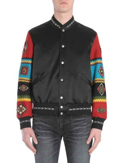 Shop Saint Laurent Embroidered Sleeve Bomber Jacket In Multi