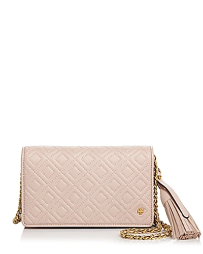 Shop Tory Burch Fleming Flat Leather Wallet Bag In Shell Pink/gold