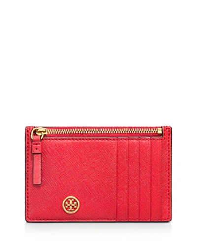 Shop Tory Burch Robinson Zip Leather Slim Card Case In Brilliant Red/gold