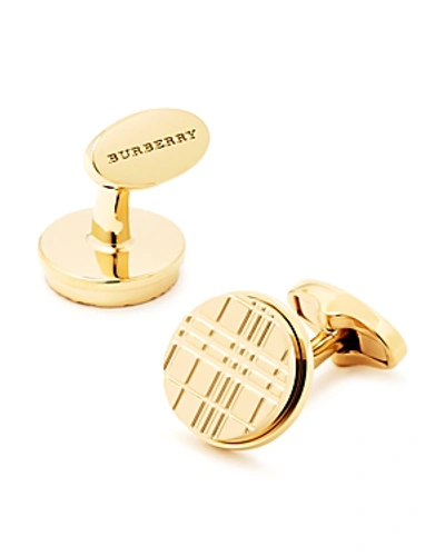 Shop Burberry Engraved Check Round Cufflinks In Gold