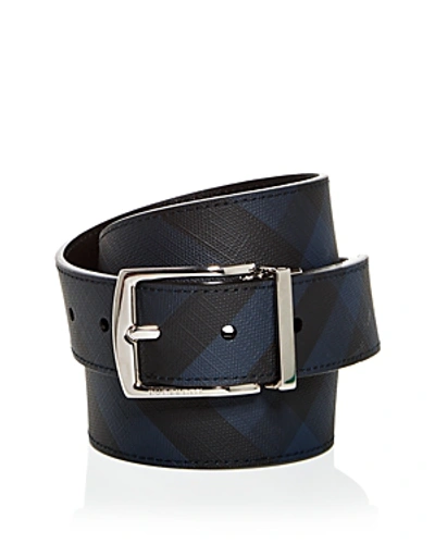 Shop Burberry Men's Clark Vintage Check Reversible Coated Leather Belt In Navy/black