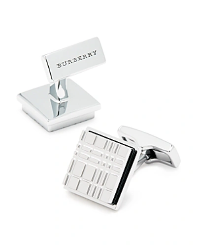 Shop Burberry Engraved Check Square Cufflinks In Silver