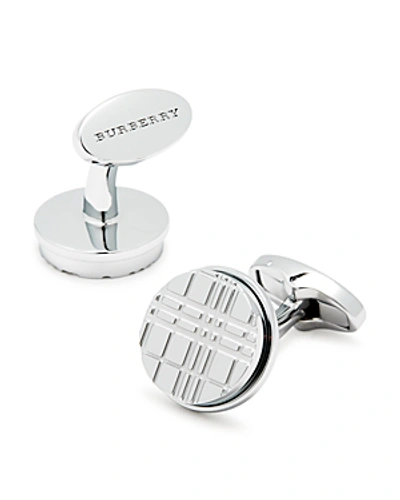 Shop Burberry Engraved Check Round Cufflinks In Silver