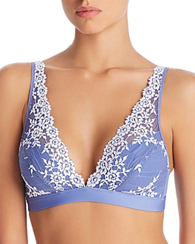 Shop Wacoal Embrace Lace Plunge Soft Cup Wireless Bra In Bleached Denim/white