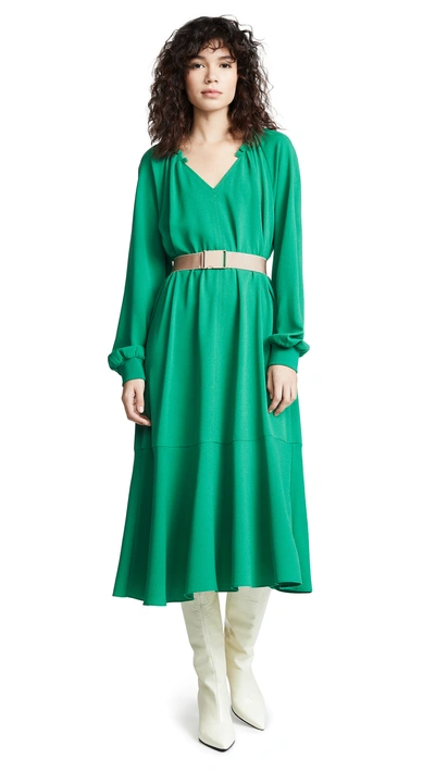 Shop Tibi Split Neck Ruffle Dress With Slip In Green