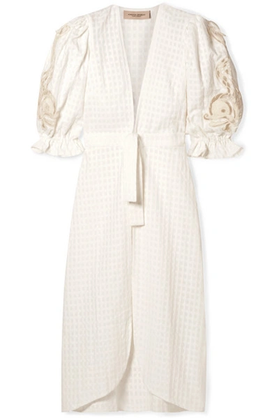 Shop Adriana Degreas Porto Broderie Anglaise-trimmed Cotton-jacquard Robe In White