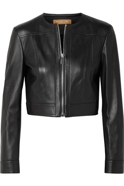 Shop Michael Kors Cropped Leather Jacket In Black