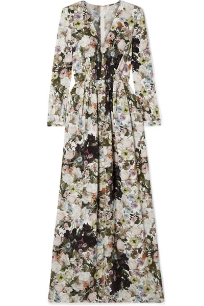 Shop Adam Lippes Floral-print Silk Crepe De Chine Maxi Dress In Gray