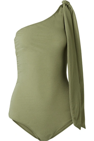 Shop Lisa Marie Fernandez Arden One-shoulder Ruched Stretch-crepe Swimsuit In Army Green