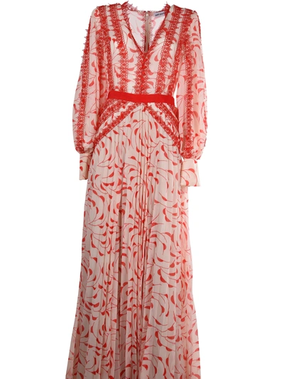 Shop Self-portrait Crescent Printed Chiffon Maxi Dress In Cream/red