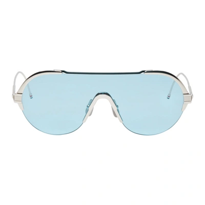 Shop Thom Browne Silver And Blue Tb-811 Sunglasses In Nvywhtrdslv