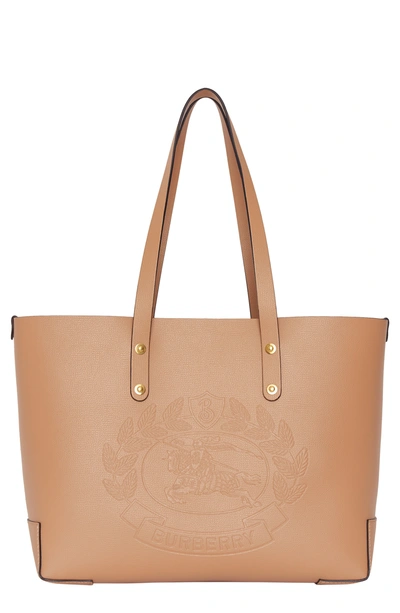 Shop Burberry Small Embossed Crest Leather Tote - Beige In Light Camel