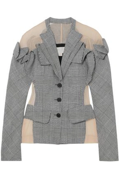 Shop Antonio Berardi Tulle-paneled Checked Wool, Linen And Silk-blend Blazer In Gray
