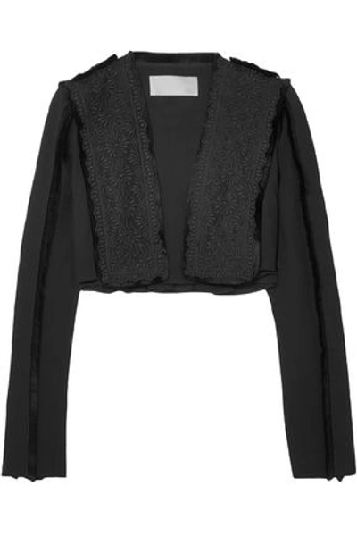 Shop Antonio Berardi Woman Cropped Fringed Broderie Anglaise And Crepe Jacket Black