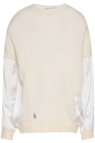 Shop Amanda Wakeley Satin-paneled Cashmere And Wool-bend Top In Ivory