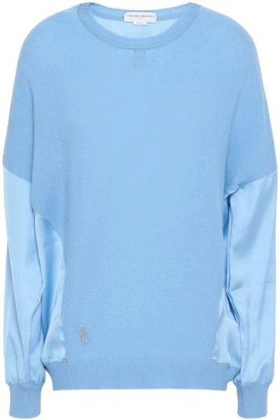 Shop Amanda Wakeley Woman Satin-paneled Cashmere And Wool-bend Top Sky Blue