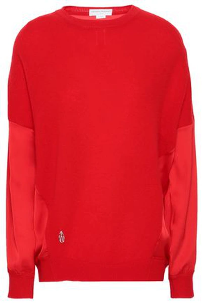 Shop Amanda Wakeley Woman Satin-paneled Cashmere And Wool-bend Top Red