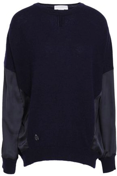 Shop Amanda Wakeley Satin-paneled Cashmere And Wool-bend Top In Navy