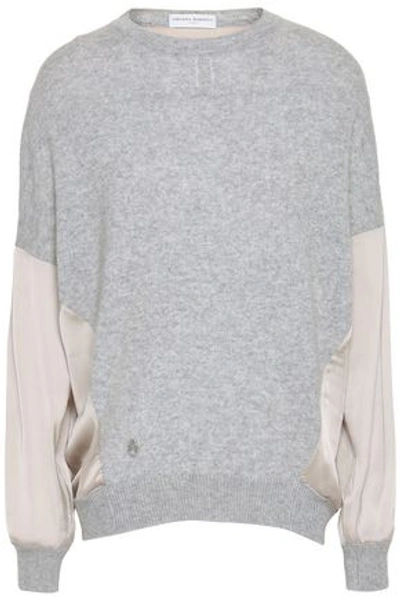 Shop Amanda Wakeley Satin-paneled Cashmere And Wool-bend Top In Light Gray