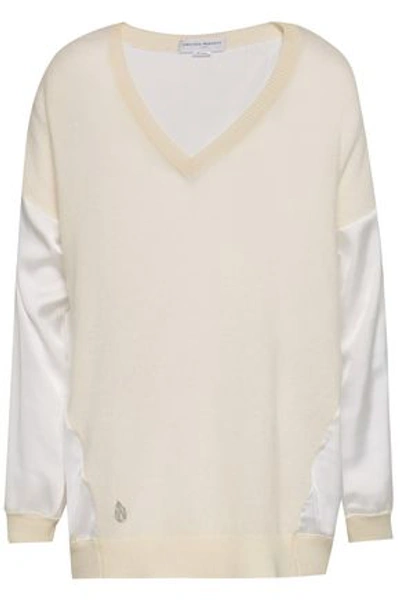 Shop Amanda Wakeley Satin-paneled Cashmere And Wool-bend Sweater In Ivory
