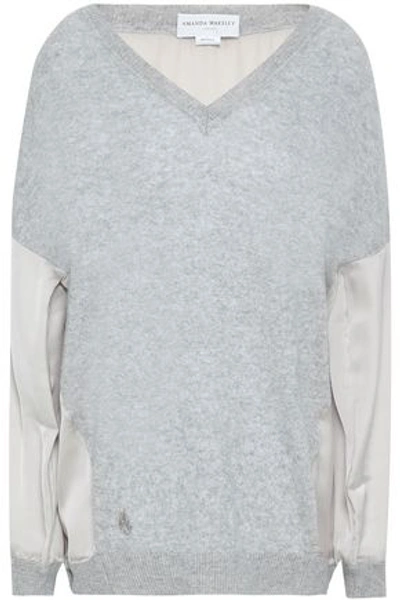 Shop Amanda Wakeley Woman Satin-paneled Cashmere And Wool-bend Sweater Light Gray