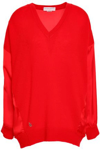 Shop Amanda Wakeley Woman Satin-paneled Cashmere And Wool-bend Sweater Red