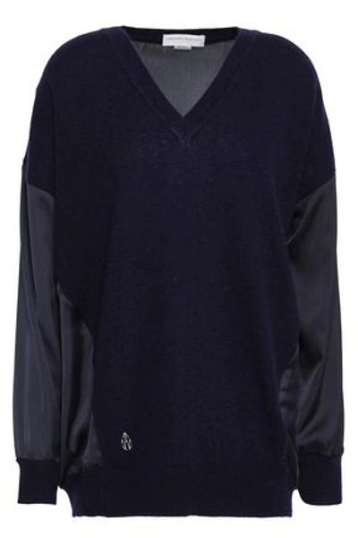 Shop Amanda Wakeley Woman Satin-paneled Cashmere And Wool-blend Sweater Navy