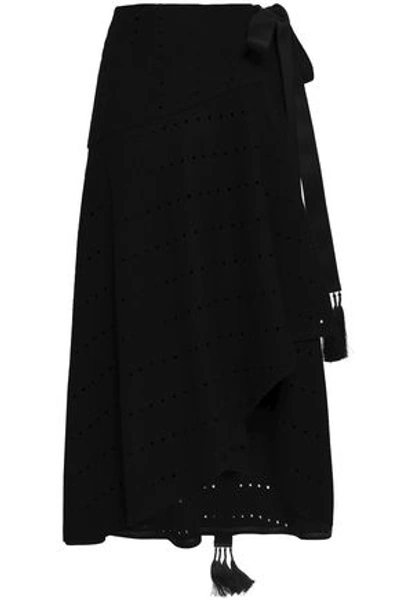 Shop Amanda Wakeley Tasseled Laser-cut Wool-blend Midi Wrap Skirt In Black