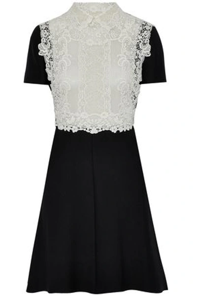Shop Valentino Lace-paneled Wool And Silk-blend Mini Dress In Black