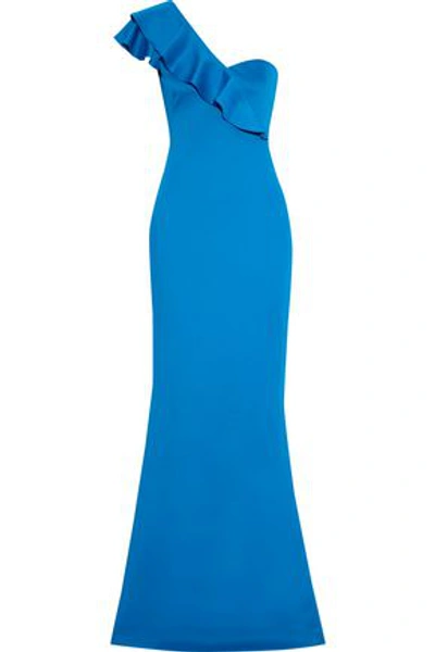 Shop Black Halo Eve By Laurel Berman Black Halo Woman Carmel One-shoulder Ruffle-trimmed Stretch-cady Gown Blue