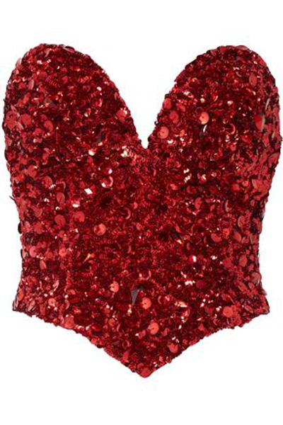 Shop Oscar De La Renta Woman Sequined Silk Bustier Top Crimson