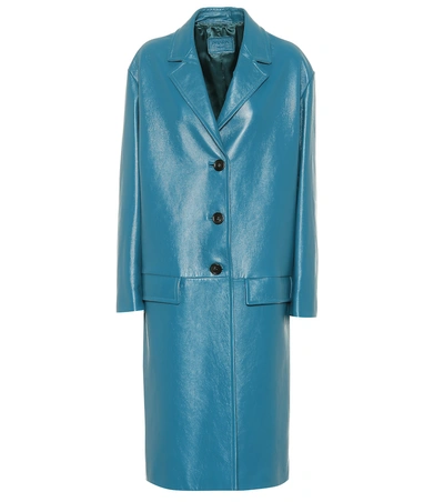 Shop Prada Leather Coat In Blue