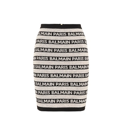 Shop Balmain Striped Linen-blend Knit Skirt In Black