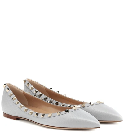 Shop Valentino Rockstud Leather Ballet Flats In Grey