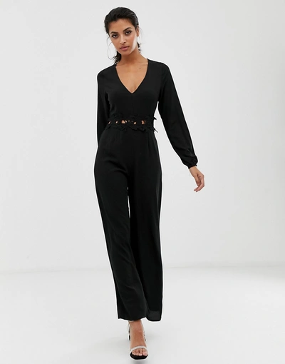 Shop Ax Paris Long Sleeve Jumpsuit With Belt Detail-black