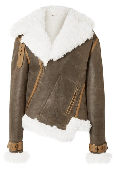 Shop Monse Asymmetric Shearling And Textured-leather Biker Jacket In Dark Brown