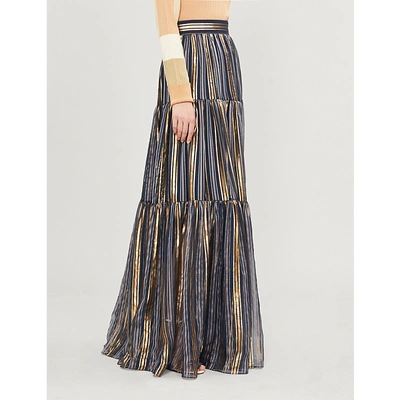 Shop Peter Pilotto Metallic-striped High-rise Silk-blend Maxi Skirt In Gold Navy