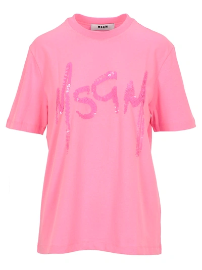 Shop Msgm Tshirt Logo Pailettes In Pink