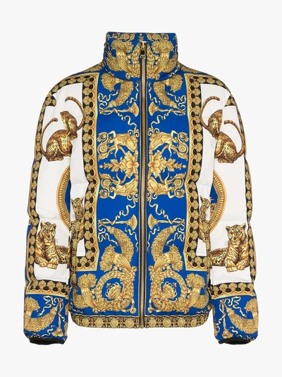 Shop Versace Signature Baroque Feather Down Puffer Jacket In Blue