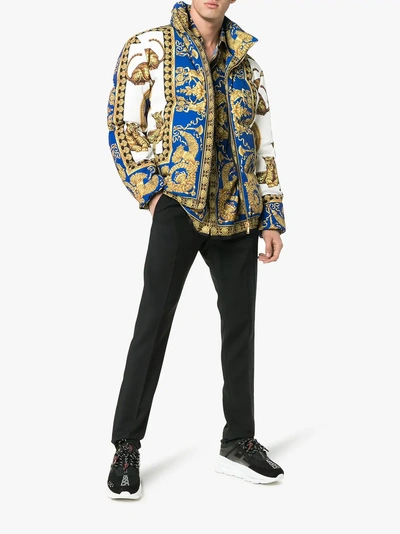 Shop Versace Signature Baroque Feather Down Puffer Jacket In Blue