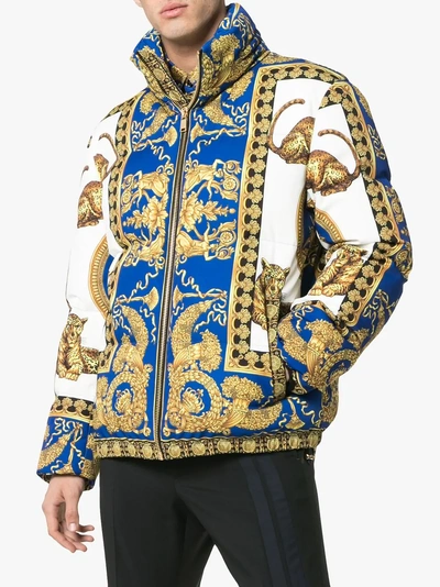 Shop Versace Signature Baroque Feather Down Puffer Jacket In Blue