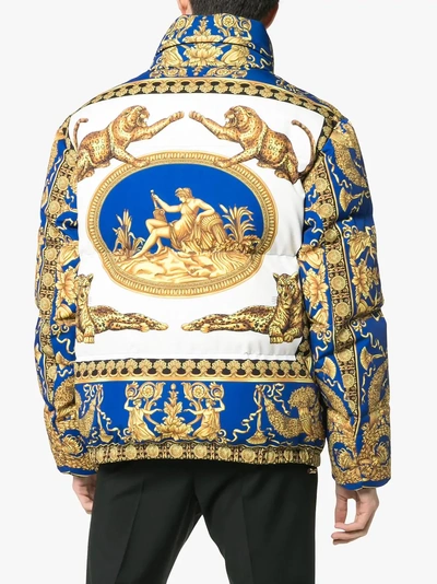 Shop Versace Signature Baroque Feather Down Puffer Jacket In Blue