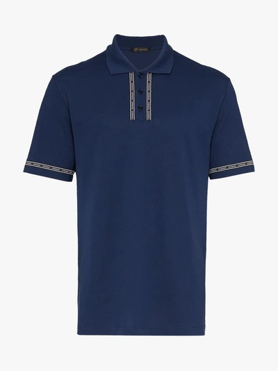 Shop Versace Logo Tape Cotton Polo Shirt In Blue