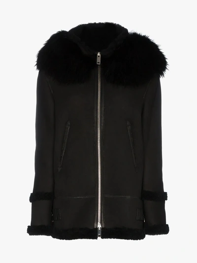 Shop Mr & Mrs Italy Shearling Trimmed Hooded Jacket In Black